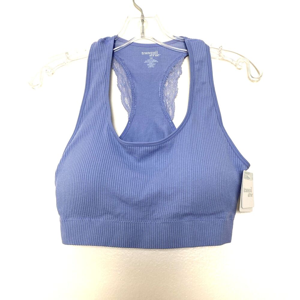 Tranquil & True Womens Comfort Bra Size 1X Ribbed Seamless Racerback Blue Lace